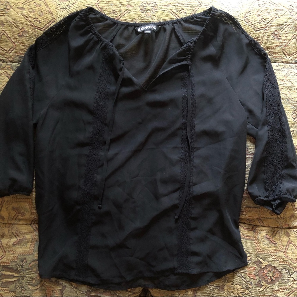 Express Black Sheer Peasant Blouse Size XS Tie Neck Easy Fit Lace Detailing
